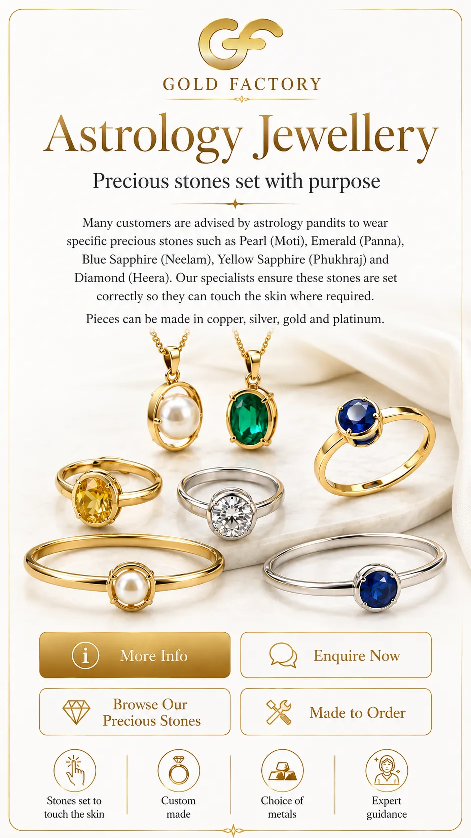 Astrology jewellery from Gold Factory, precious stones set with purpose in rings, pendants and bangles