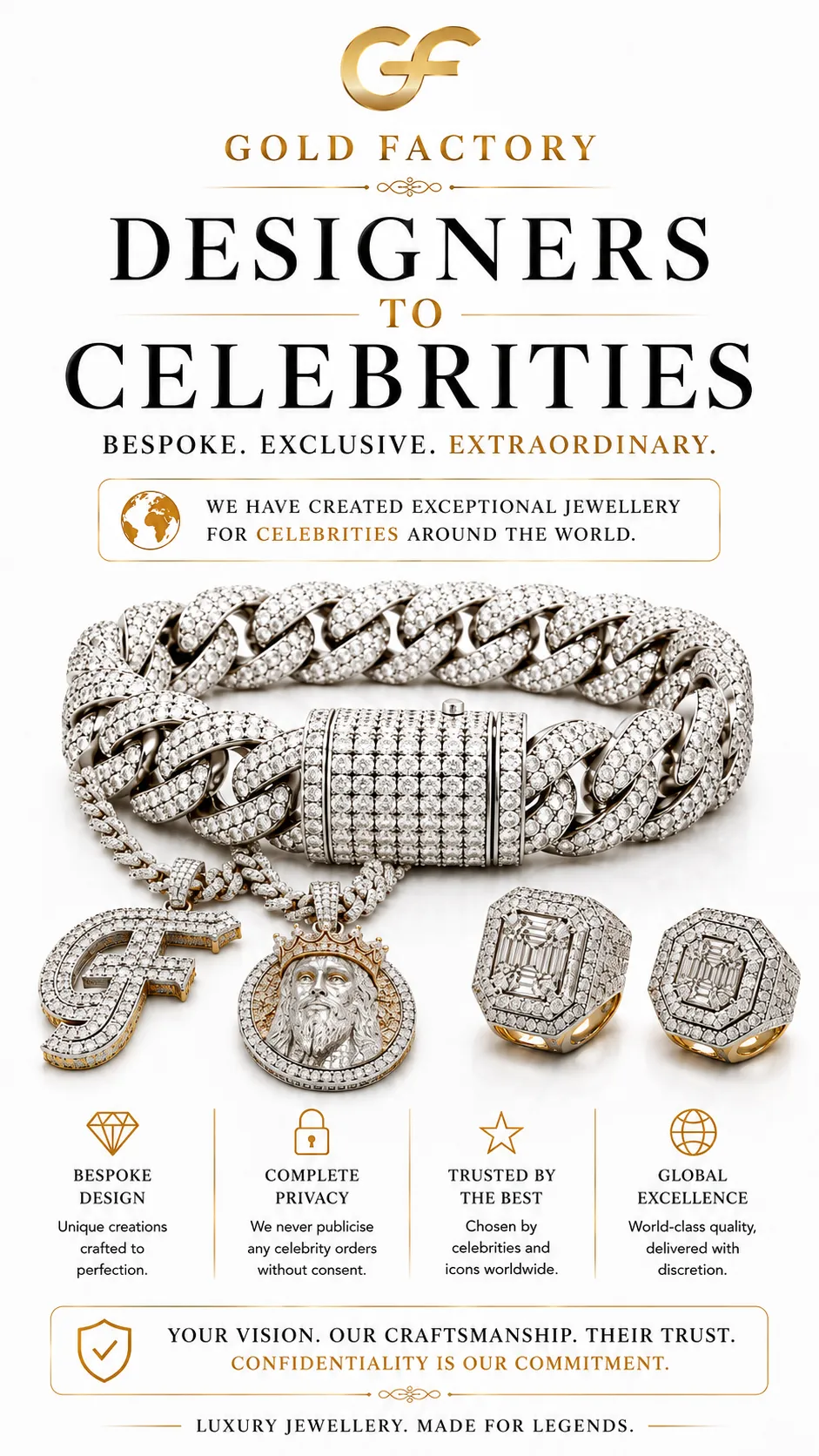 Gold Factory bespoke diamond jewellery made for celebrities, an iced out Cuban link bracelet with diamond pendants and rings