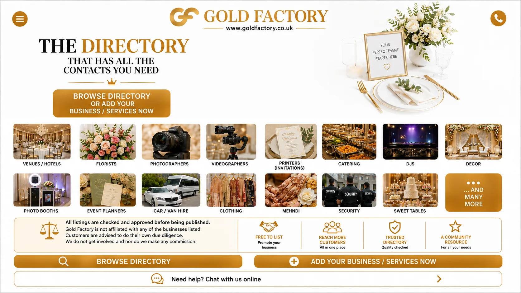 The Gold Factory directory of wedding and event suppliers, from venues and florists to photographers and caterers