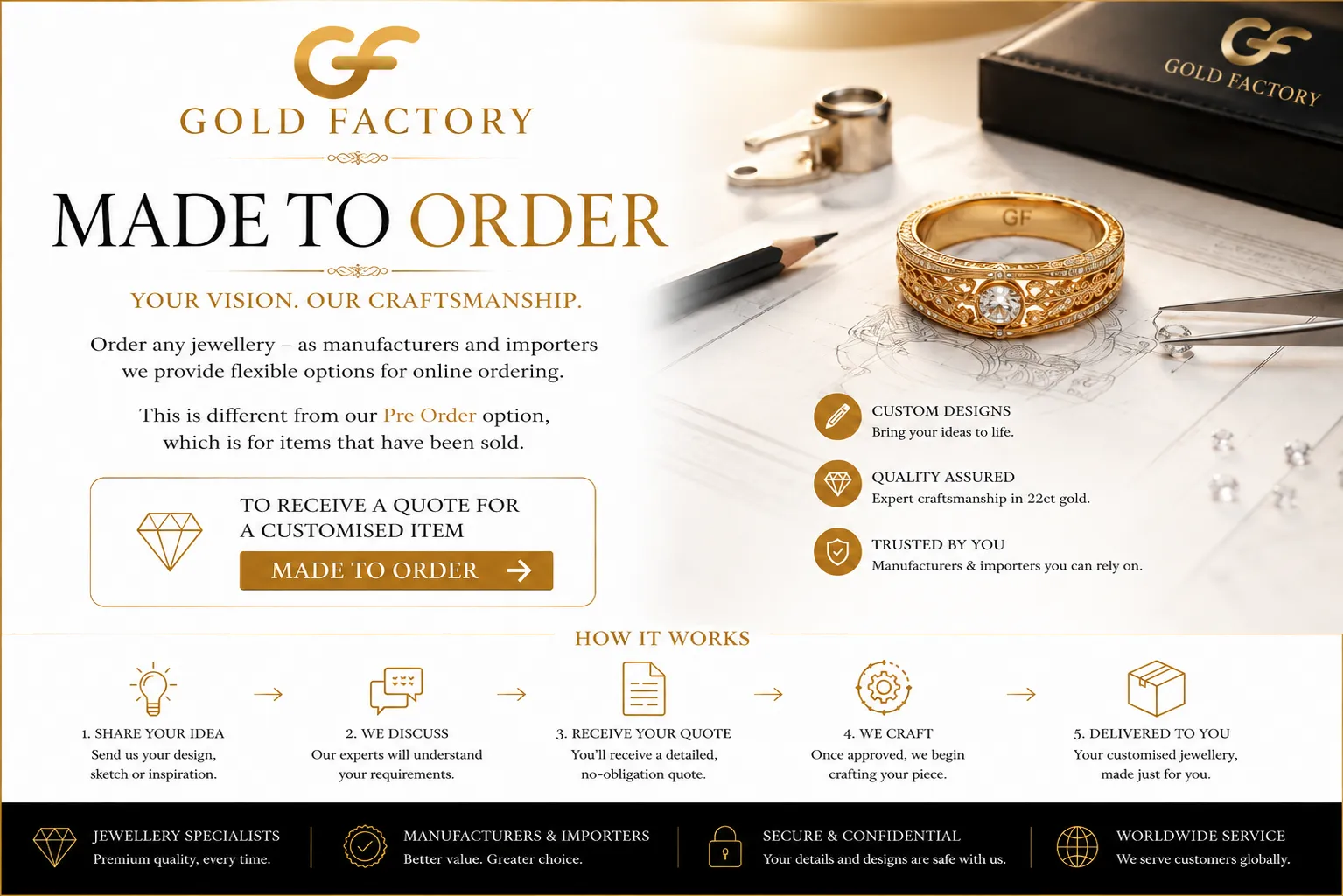 Made to order jewellery at Gold Factory, any piece crafted to your own design in 22ct gold