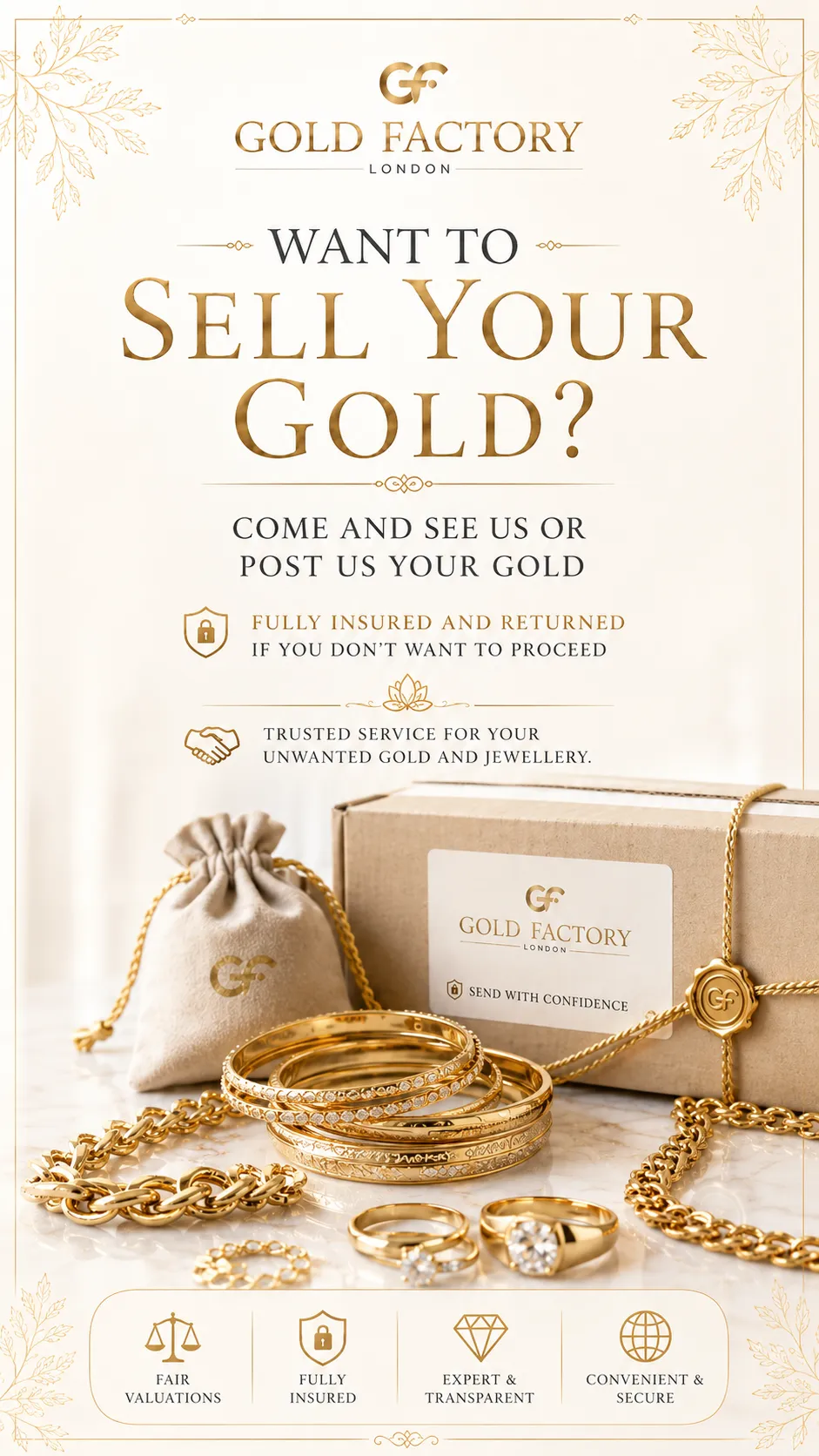 Sell your gold to Gold Factory London, a fully insured service in store or by post