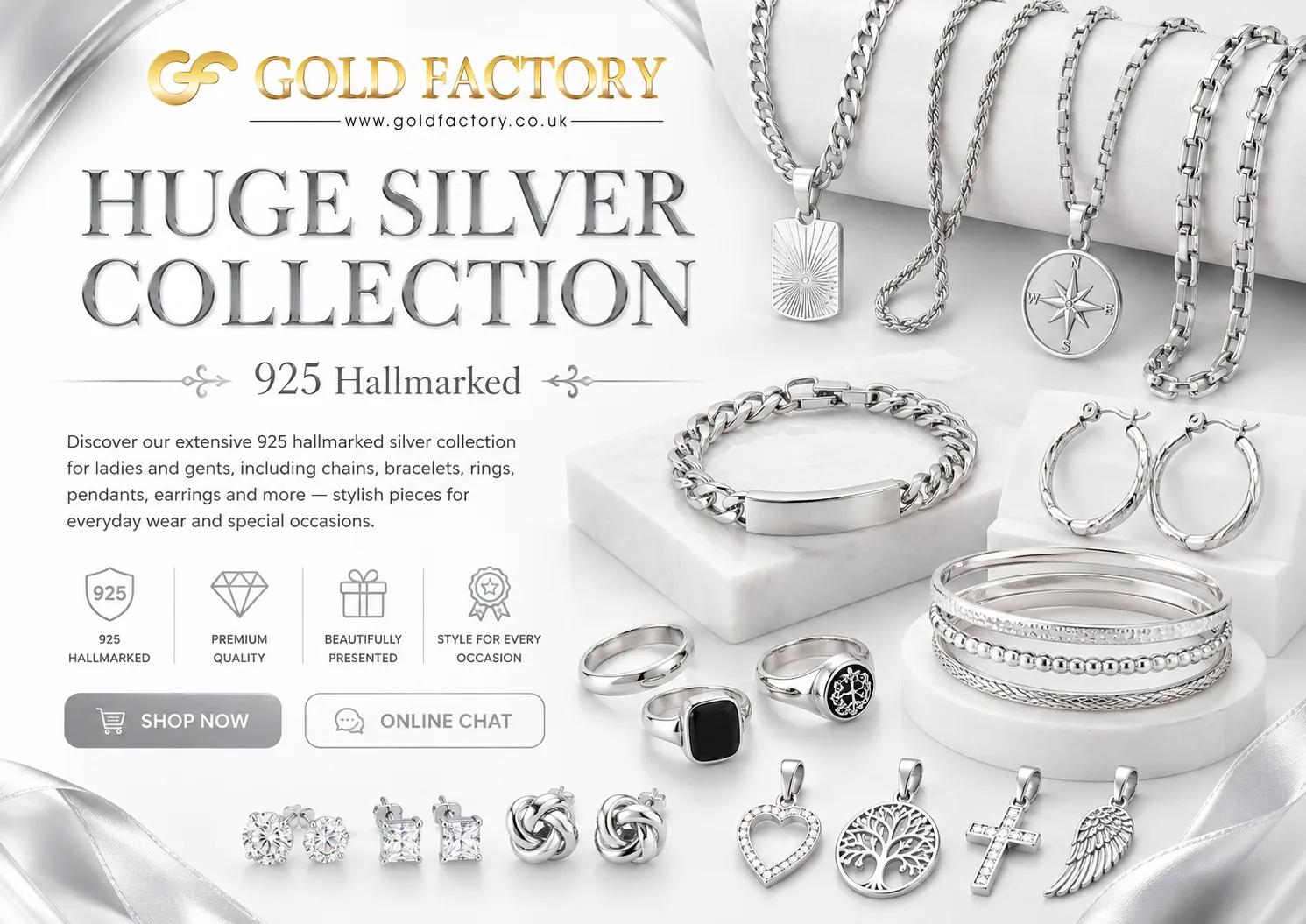 Huge silver collection at Gold Factory, 925 hallmarked chains, bracelets, rings, pendants and earrings