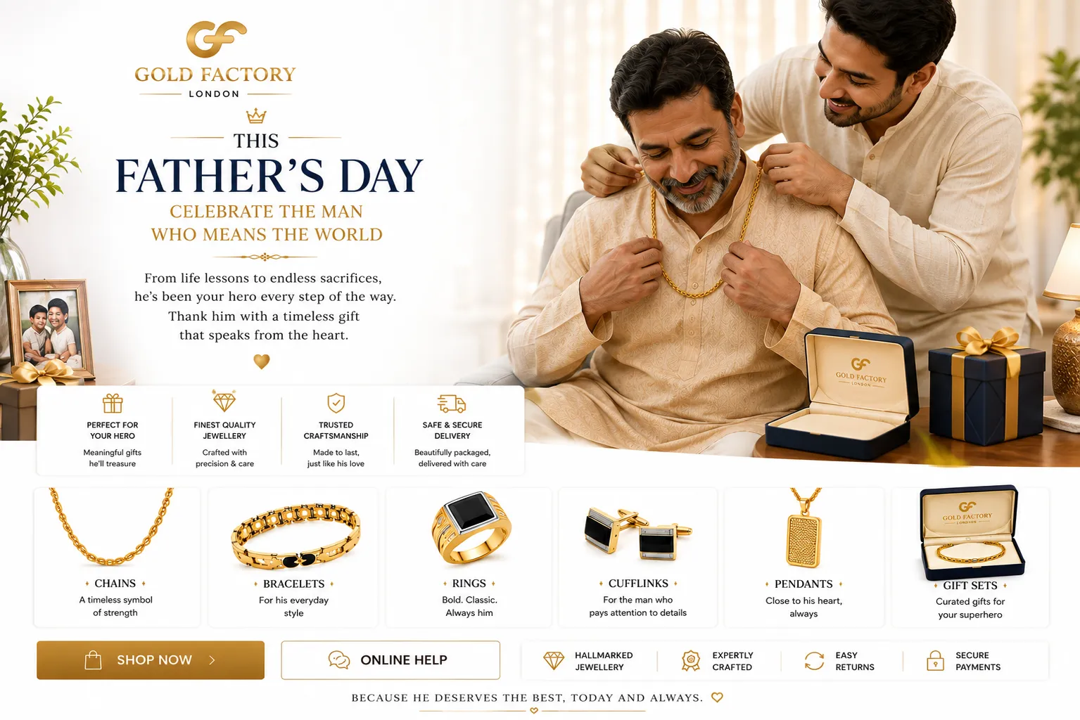 Gold jewellery gifts for Father's Day from Gold Factory