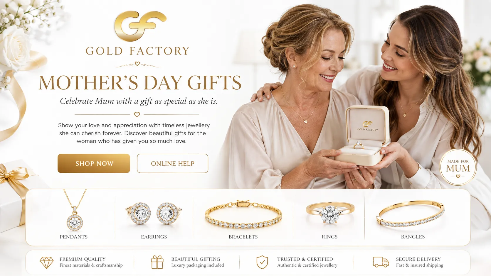 Gold jewellery gifts for Mother's Day from Gold Factory