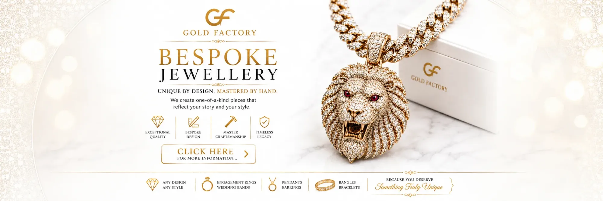 Bespoke jewellery hand made by Gold Factory, a diamond set gold lion pendant on a Cuban link chain