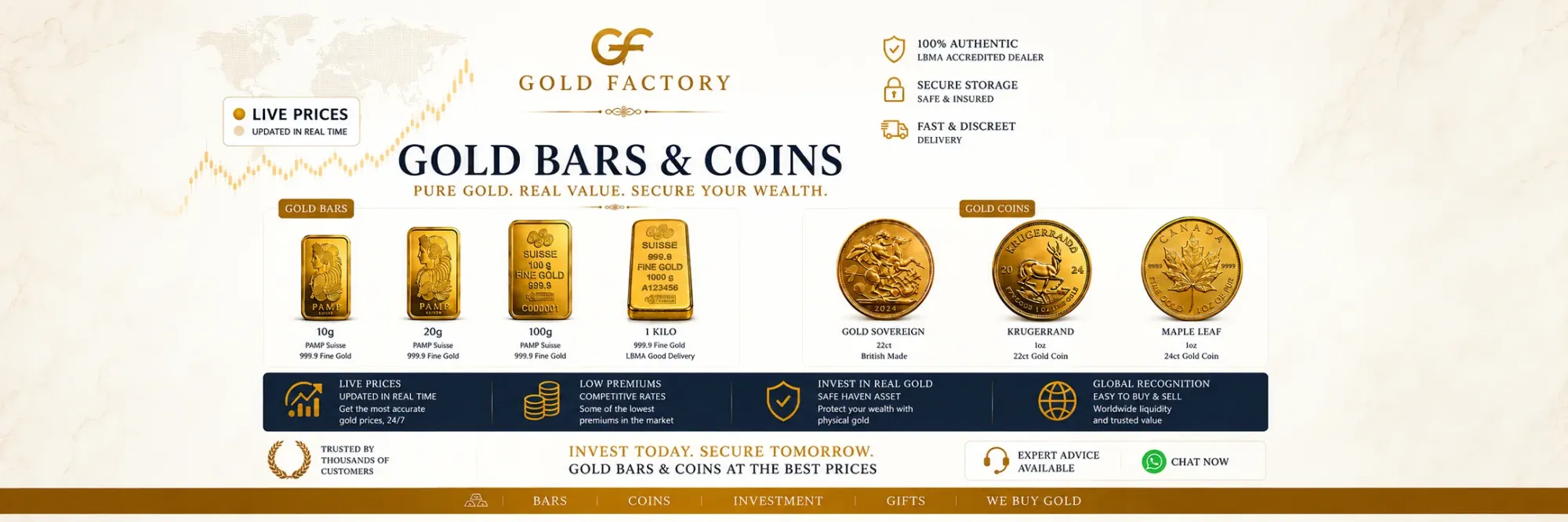 Gold bars and coins from Gold Factory, PAMP Suisse fine gold bars with Sovereign, Krugerrand and Maple Leaf coins