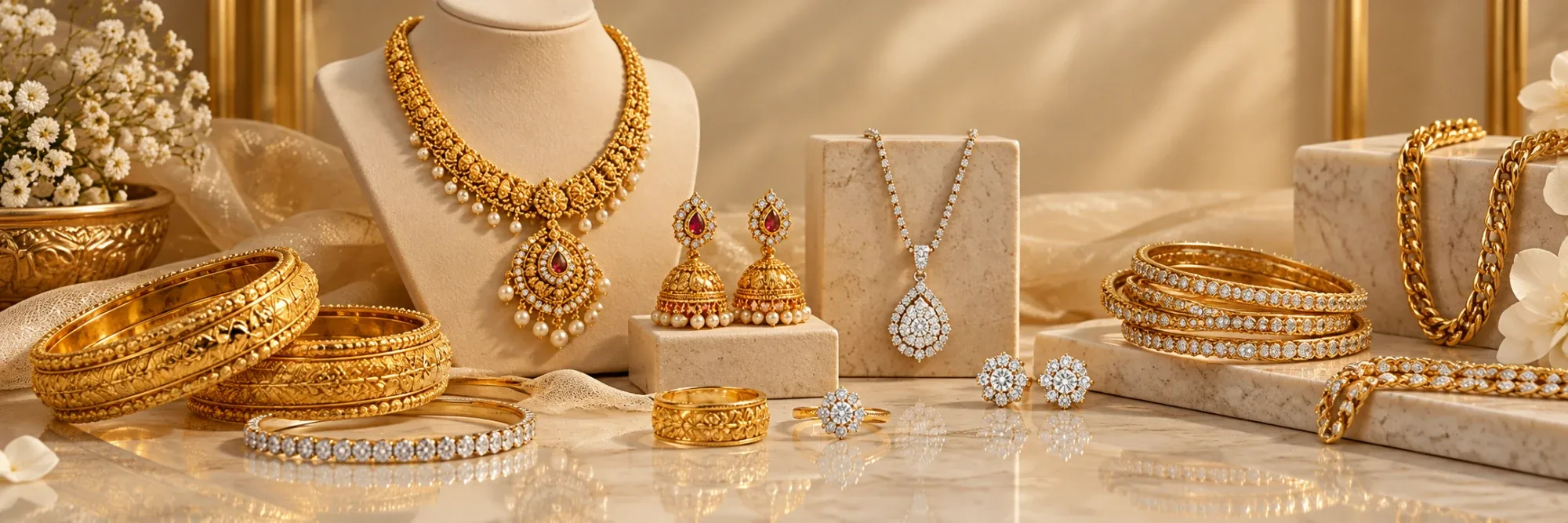 Gold jewellery on display at Gold Factory: necklace sets, bangles, earrings, pendants and diamond pieces