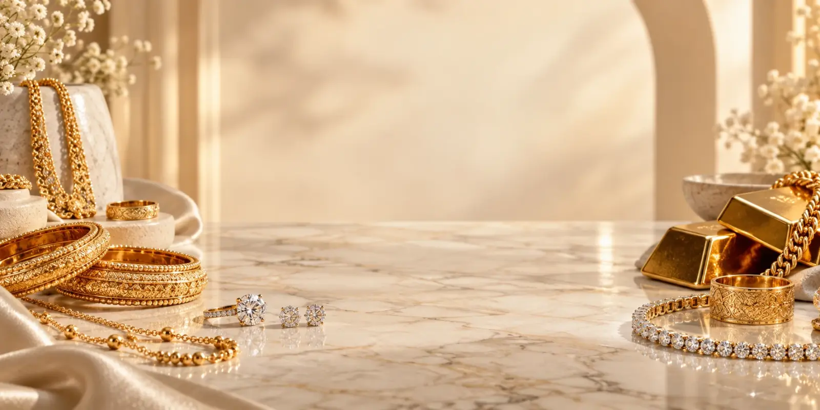 Gold bangles, rings and gold bars on a marble surface